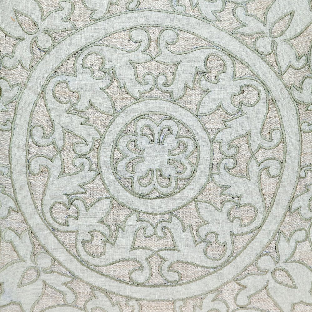 22" Beige and Green Damask Linen Blend Throw Pillow with Embroidery and Applique