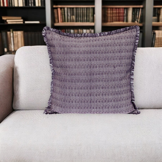 24" Purple and White Cotton Throw Pillow with Fringe