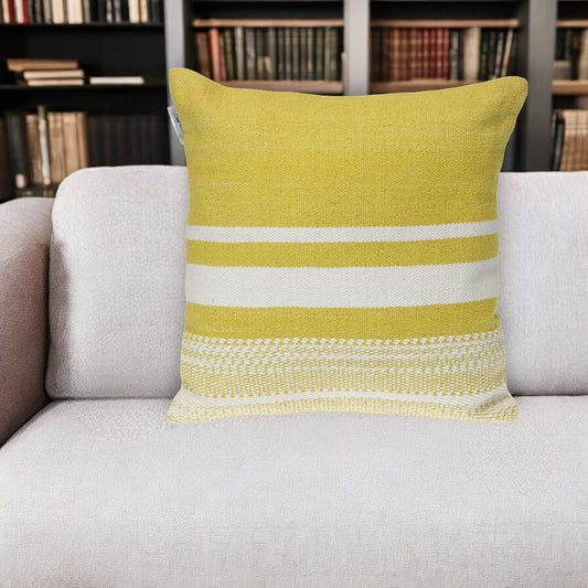 18" Yellow And White Striped Cotton Throw Pillow