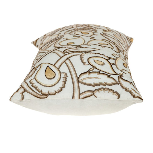 14" X 24" Brown and White Cotton Lumbar Throw Pillow with Embroidery