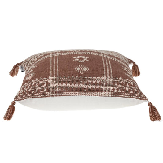 18" Beige and Brown Cotton Throw Pillow with Tassels