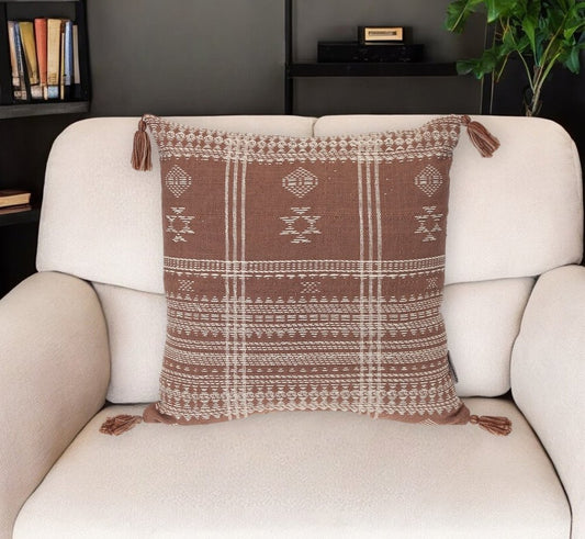 18" Beige and Brown Cotton Throw Pillow with Tassels