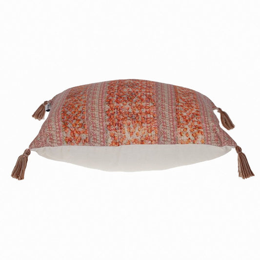 18" Pink and Orange Cotton Throw Pillow with Tassels