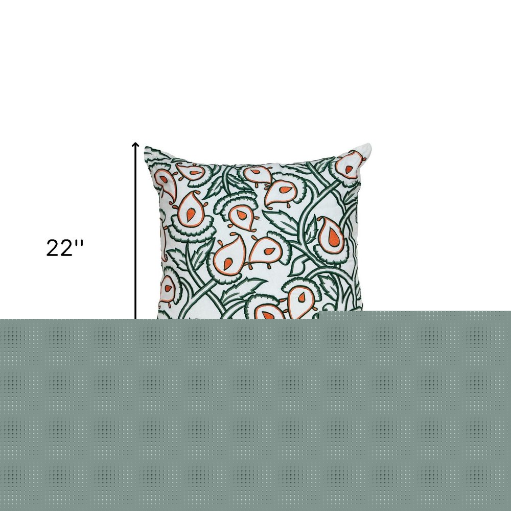 22" Green and White Cotton Throw Pillow with Embroidery
