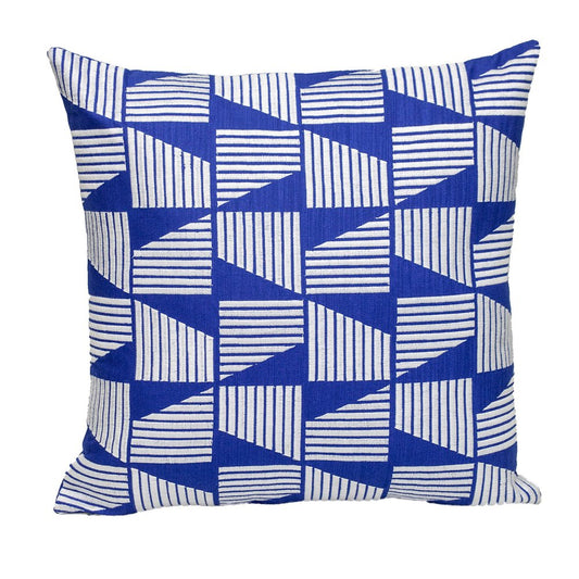 18" Blue and White Geometric Cotton Throw Pillow With Embroidery