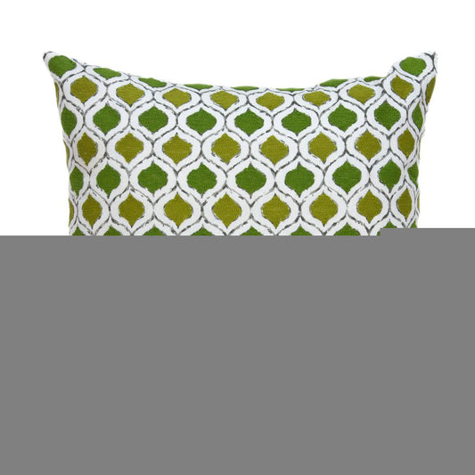 20" Green and White Ogee Cotton Throw Pillow With Embroidery