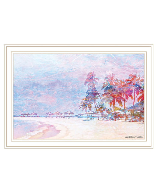 Rainbow Bright Sandy Beach with Umbrellas White Framed Print Wall Art
