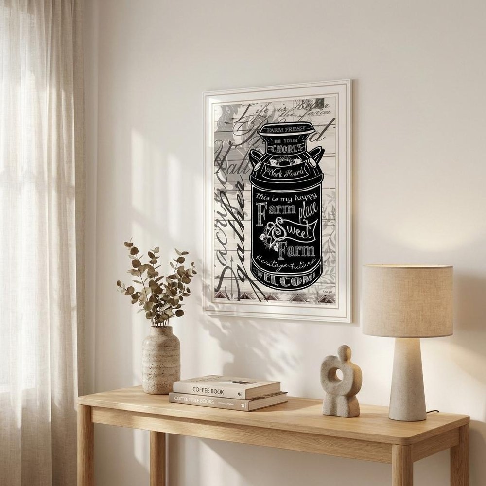 FARM SWEET FARM MILK CAN Black Framed Print Wall Art