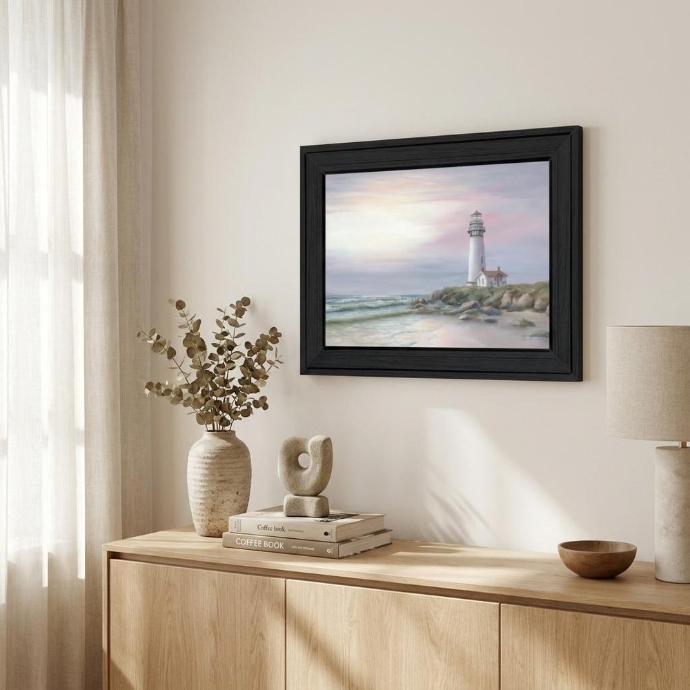 Lighthouse at Sunset Black Framed Print Wall Art