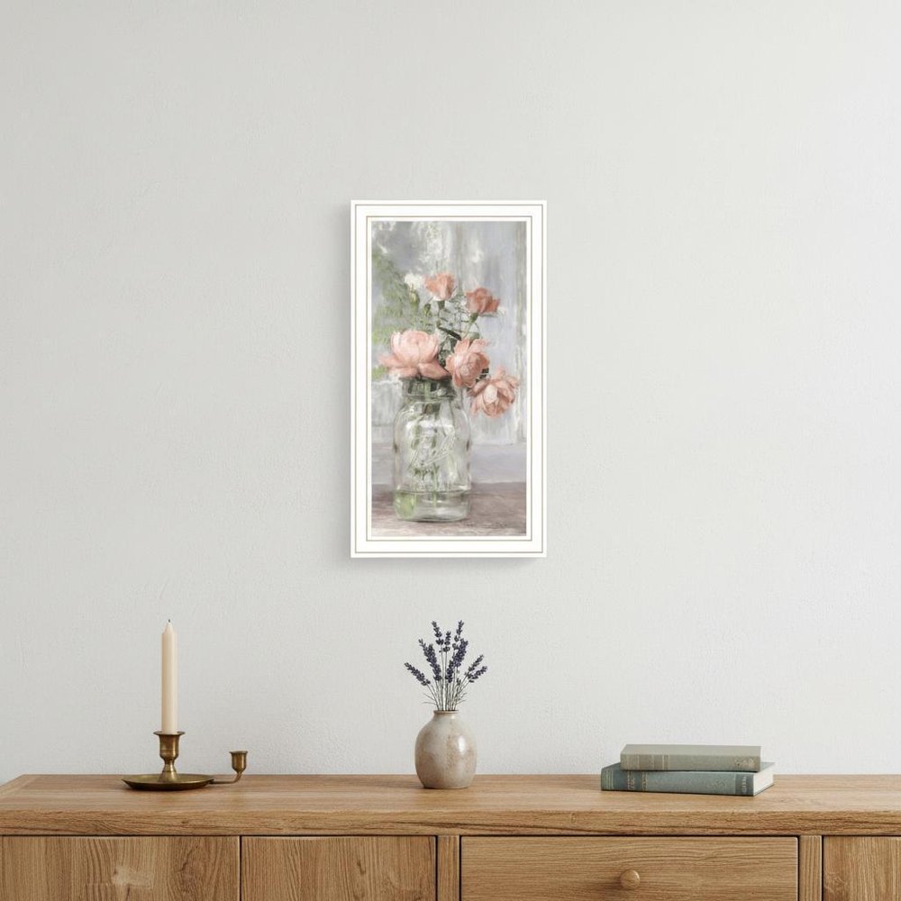 Cottage Peach Roses Black Framed Print Wall Art