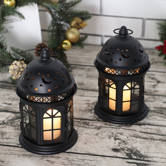 Set of Two Black Metal Celestial Tabletop Lantern Candle Holders