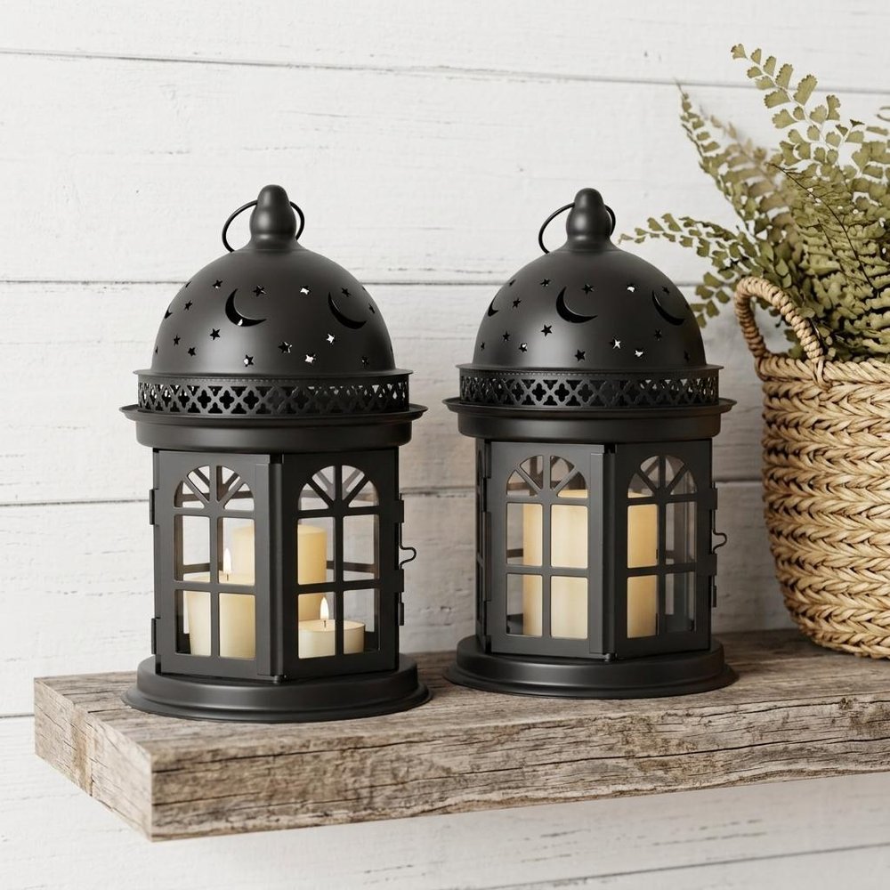 Set of Two Black Metal Celestial Tabletop Lantern Candle Holders