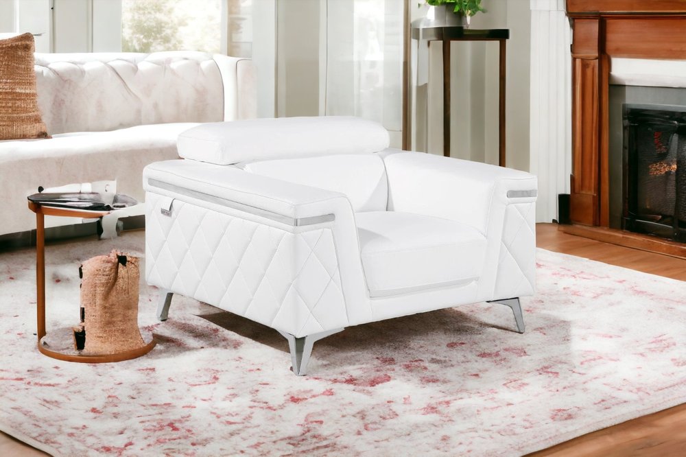 42" White And Silver Top Grain Leather Club Chair