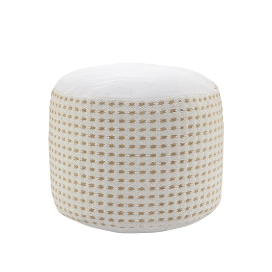 18" White Jute Blend Round Geometric Pouf Ottoman