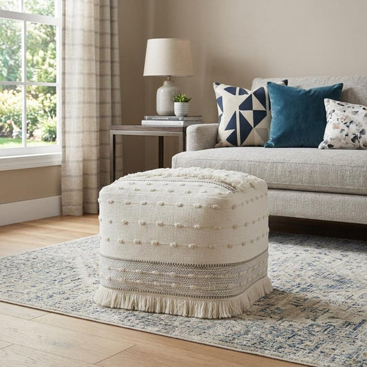 18" Cream Cotton Striped Pouf Ottoman
