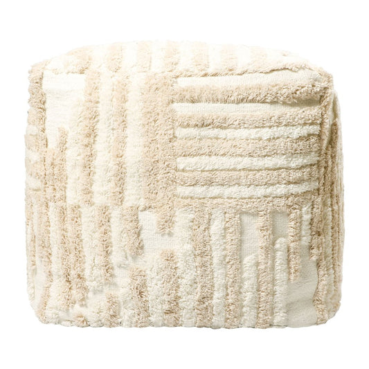 18" Beige Cotton Cube Striped Pouf Ottoman
