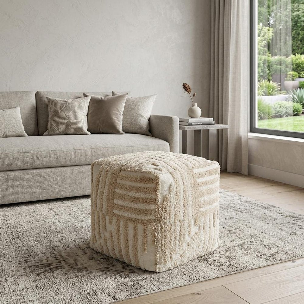 18" Beige Cotton Cube Striped Pouf Ottoman