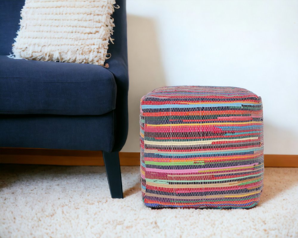 18" Red And Black Cotton Cube Striped Pouf Ottoman