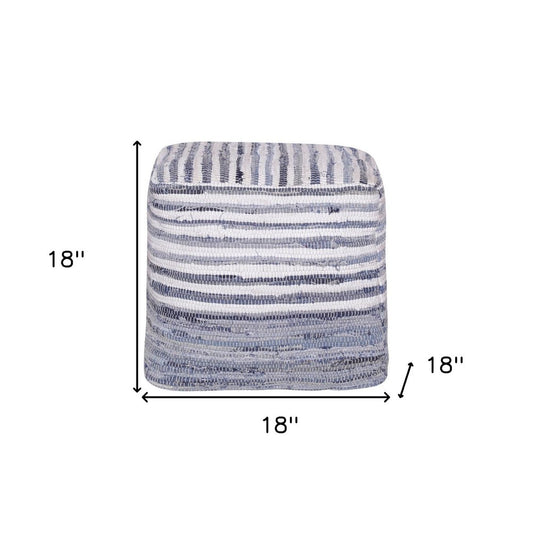 18" Blue and White Cotton Striped Cube Pouf Ottoman
