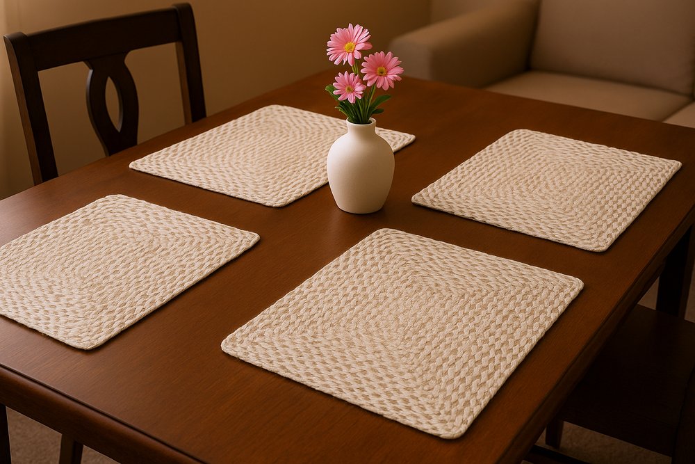 15" Set of Four Ivory And Natural Jute Square Placemats