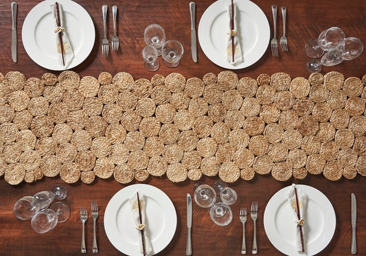80" Natural Geometric Circles Scalloped Shape Jute Table Runner