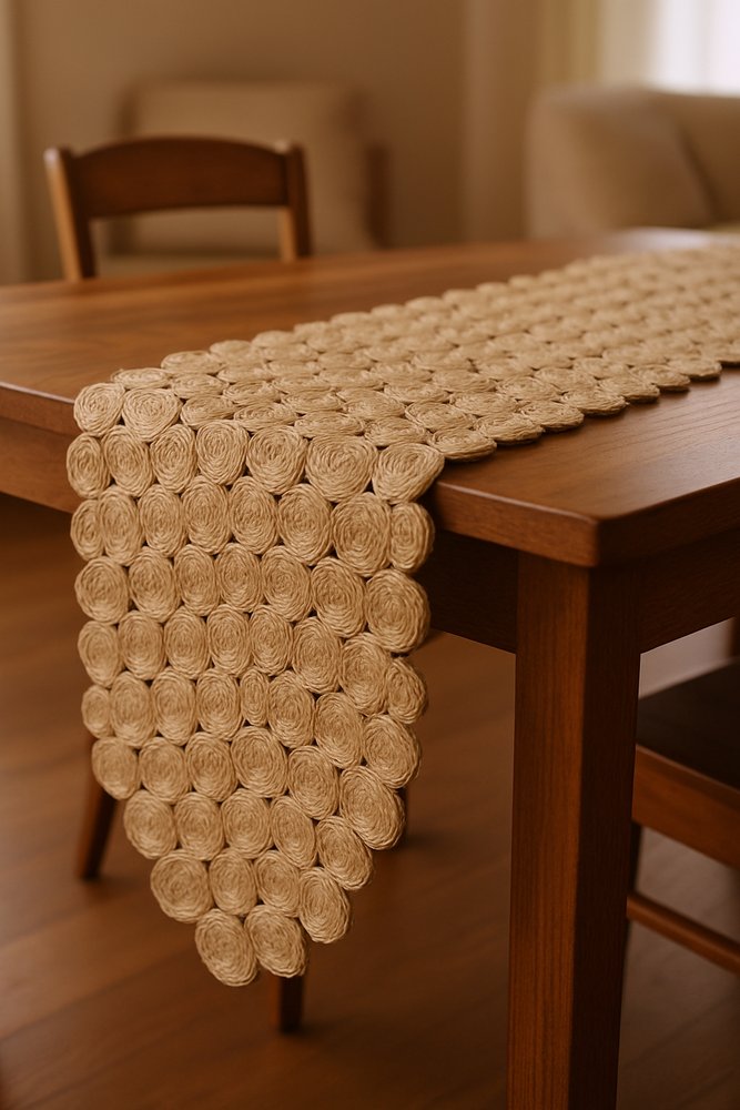 80" Natural Geometric Circles Scalloped Shape Jute Table Runner