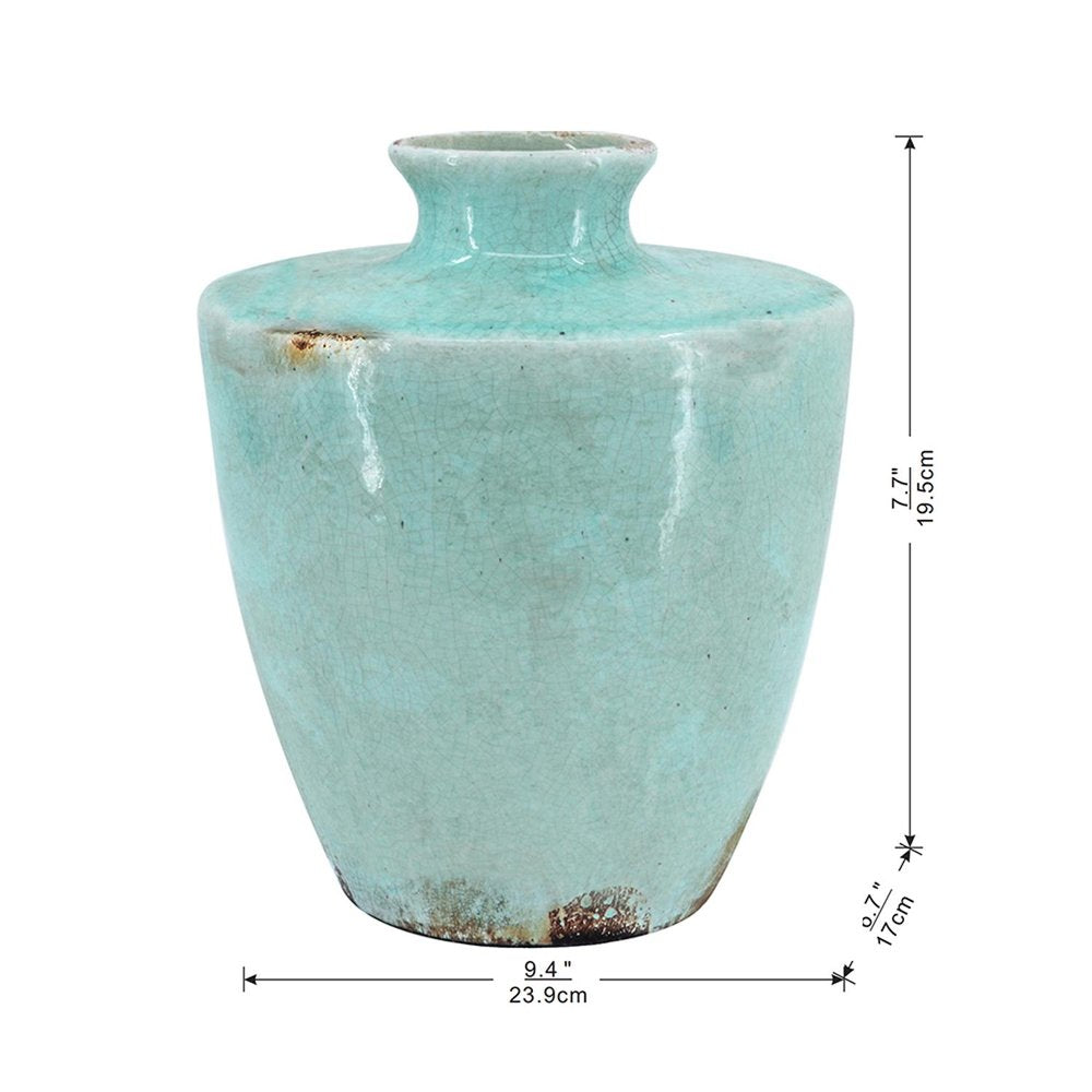 12" Aqua Terracotta Crackle Glaze Round Table Vase