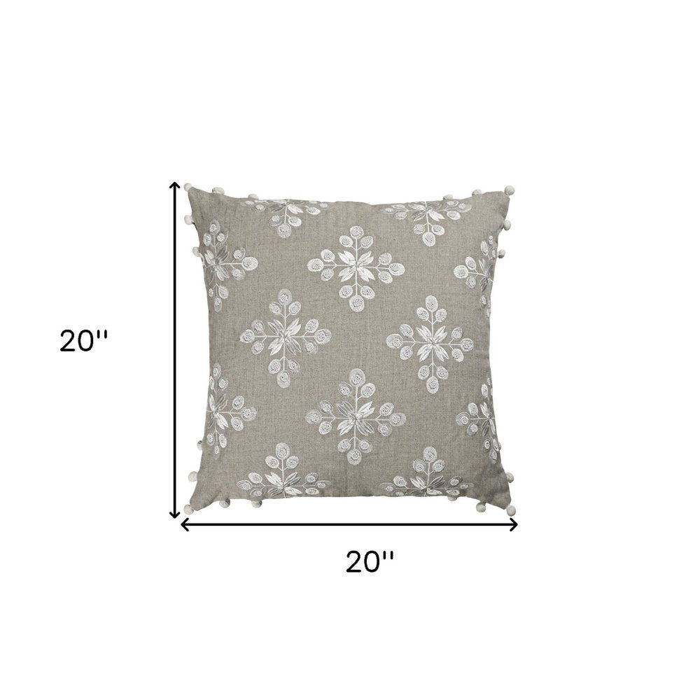 20" Beige and Ivory Throw Pillow with Embroidery