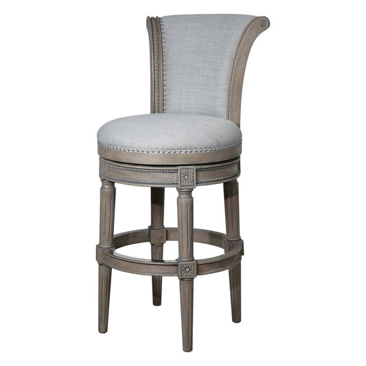 30" Gray Solid Wood and Linen Bar Height Swivel Bar Chair