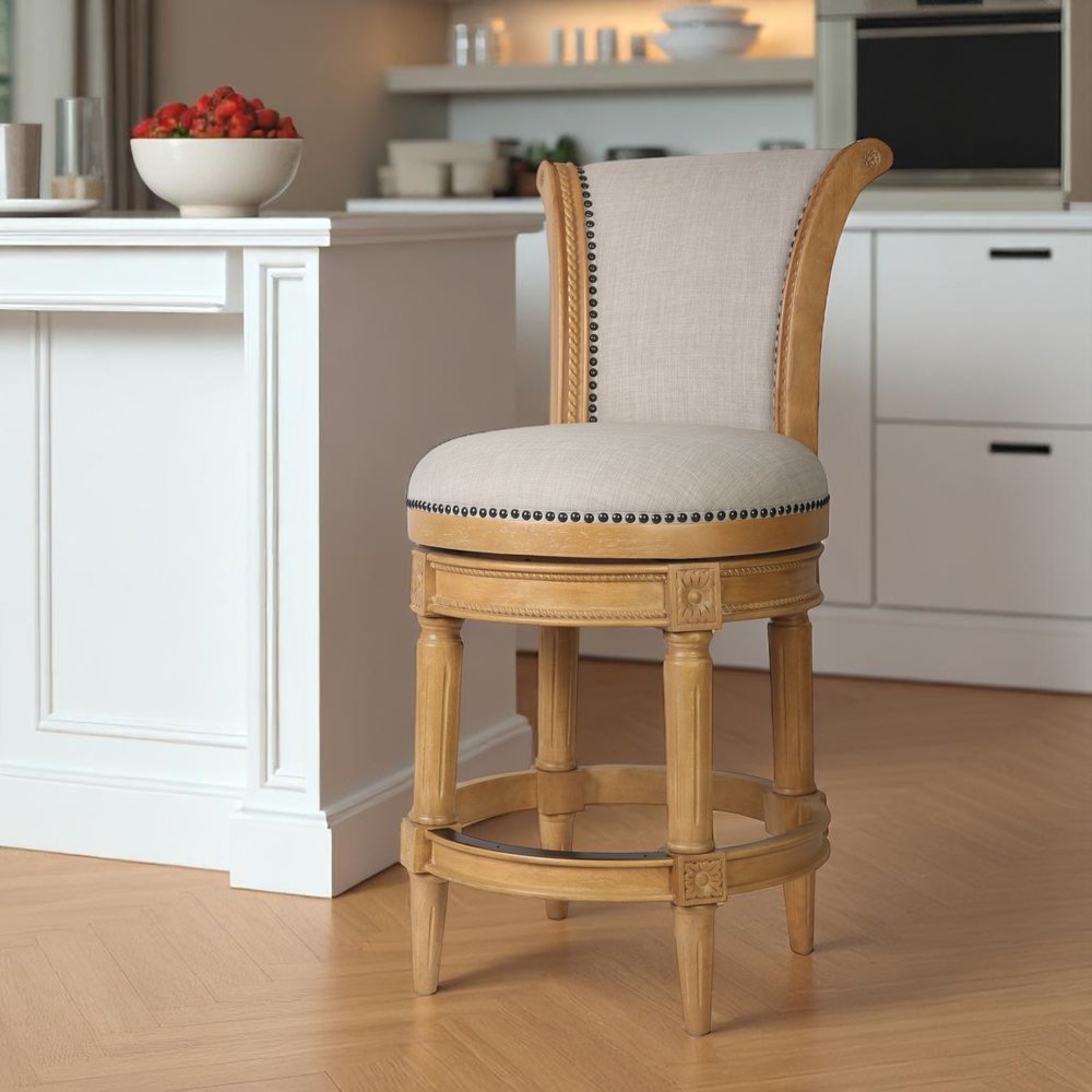 25" Beige and Natural Fabric and Solid Wood Counter Height Swivel Bar Chair