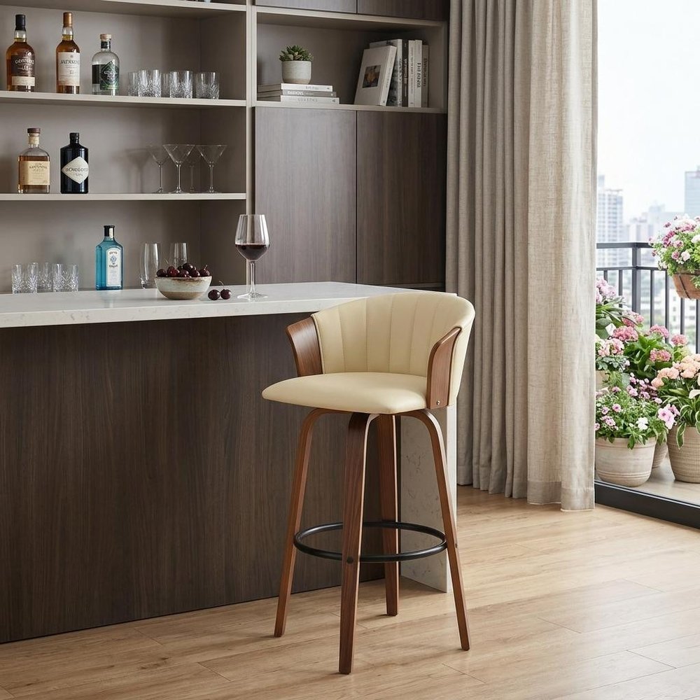 30" Cream And Wood Brown Faux Leather Swivel Bar Height Bar Chair