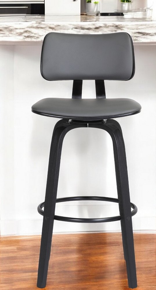 26" Gray And Black Faux Leather Swivel Low Back Counter Height Bar Chair