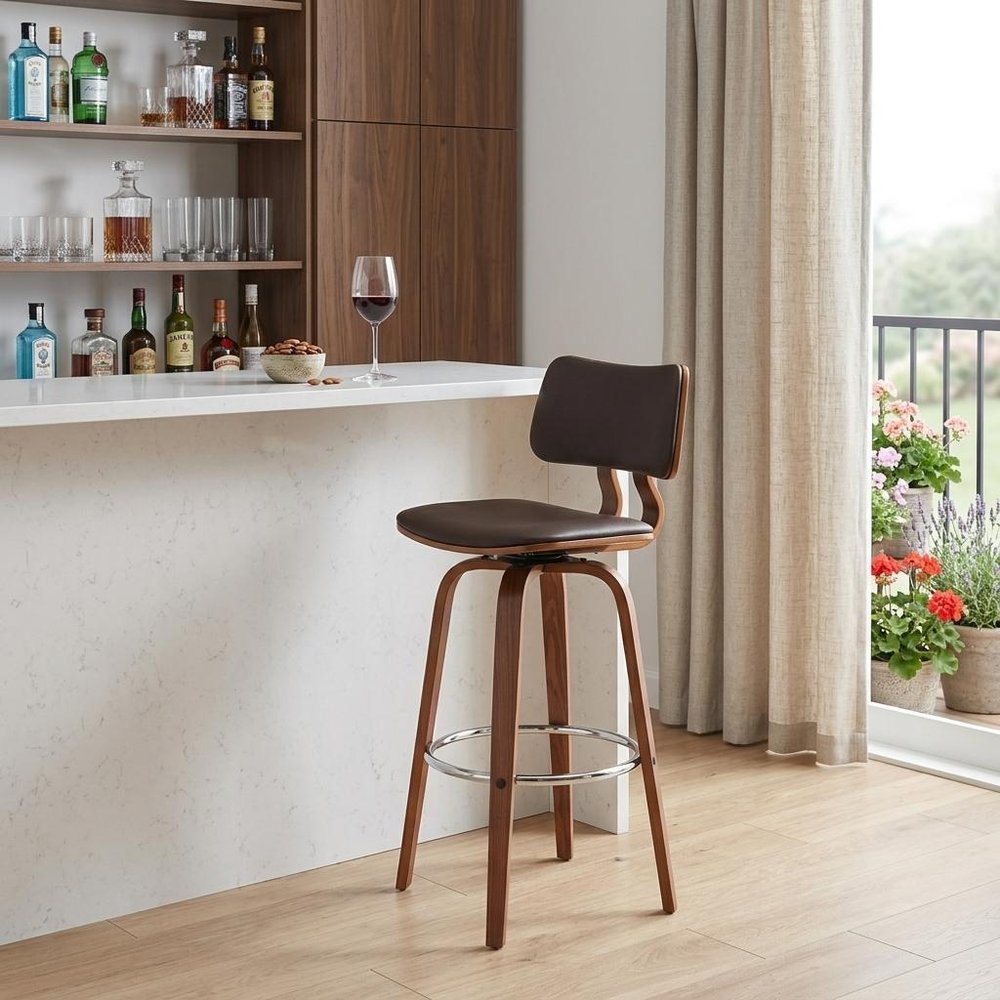 30" Brown And Wood Brown Faux Leather Swivel Low Back Bar Height Bar Chair