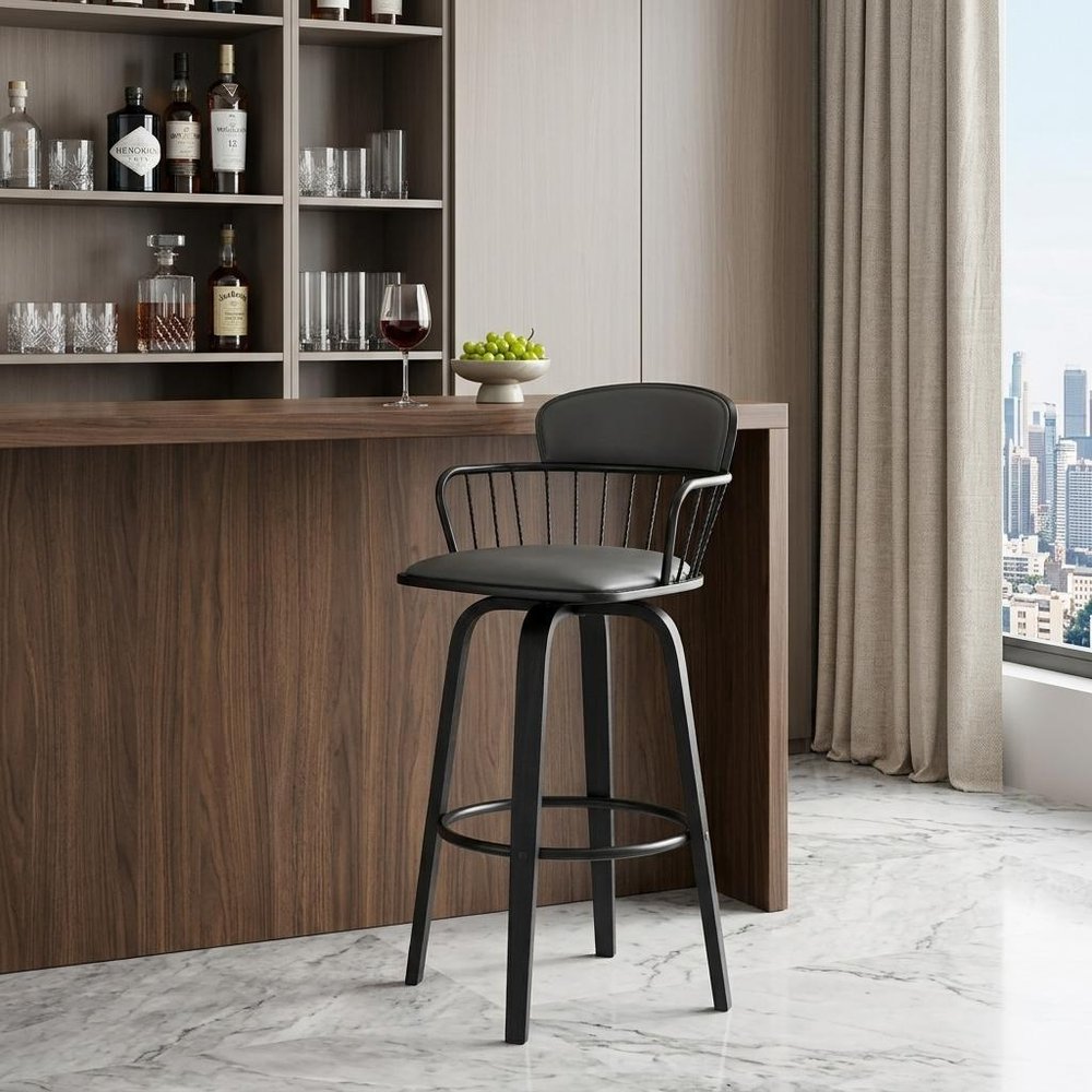 30" Gray And Black Faux Leather Swivel Low Back Bar Height Bar Chair