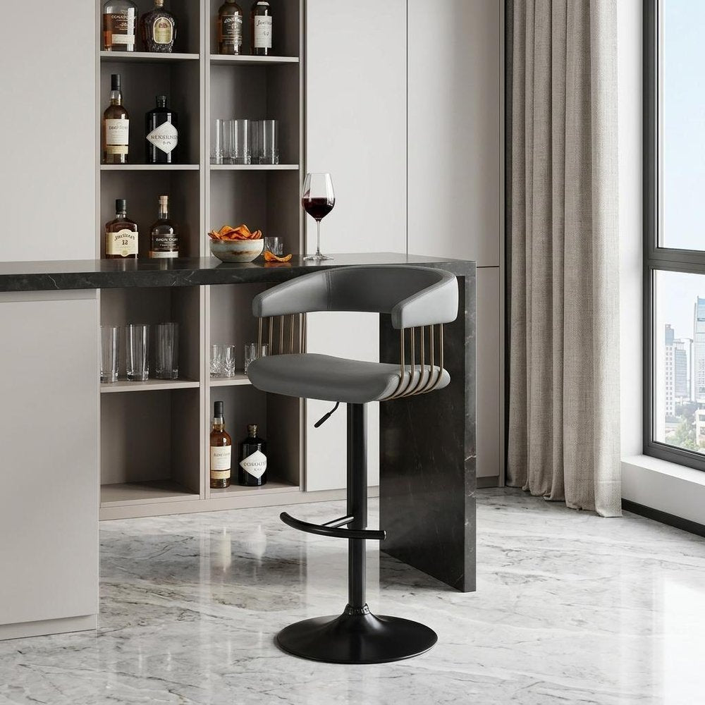 Gray and Black Faux Leather with Metal Swivel Adjustable Height Bar Chair