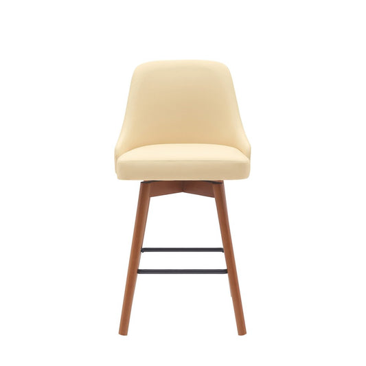 26" Cream and Wood Brown Faux Leather with Solid Wood Swivel Counter Height Bar Chair