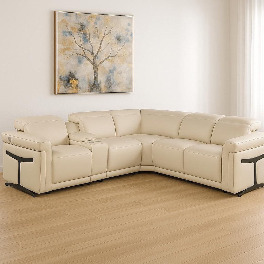 Beige Italian Leather Modular L Shaped Six Piece Corner Sectional With Console