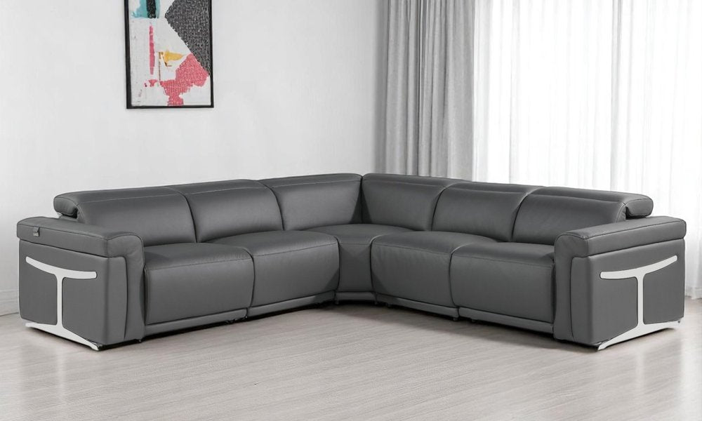 Gray Italian Leather Modular L Shaped Five Piece Corner Sectional