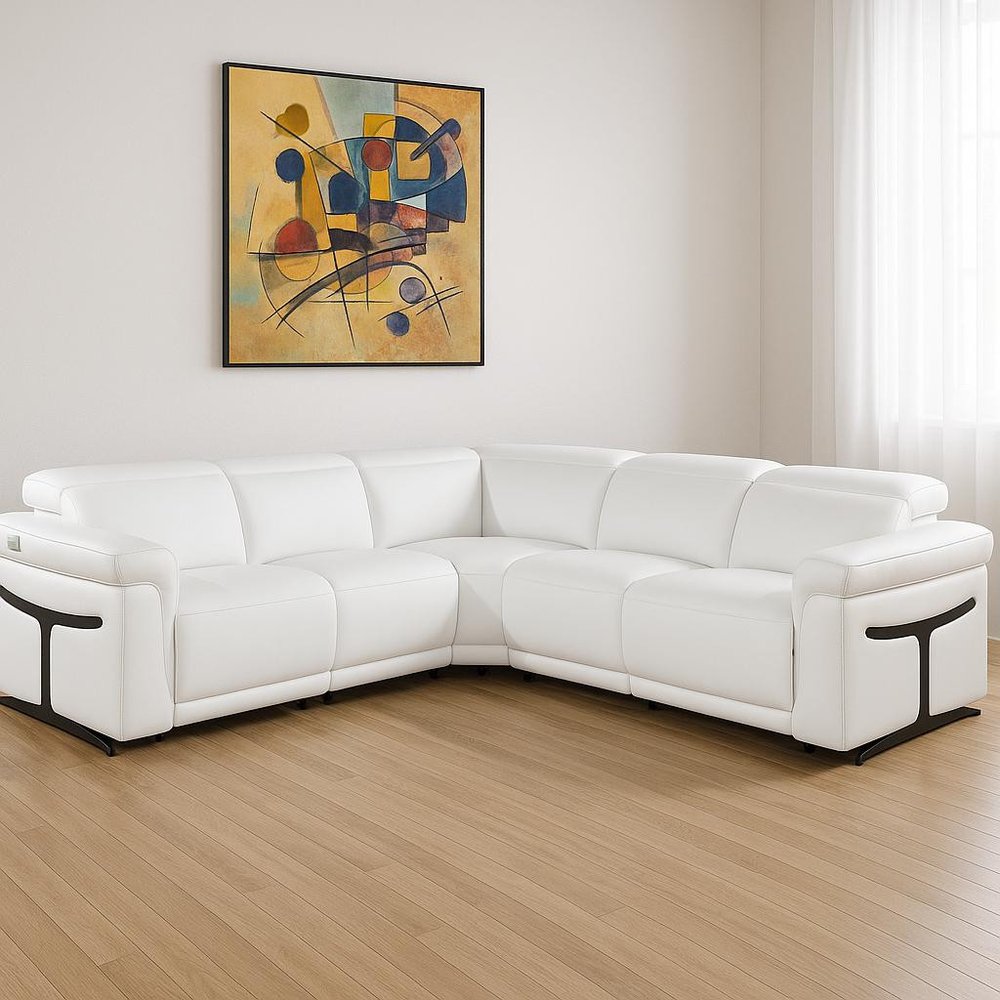 White Italian Leather Modular L Shaped Five Piece Corner Sectional