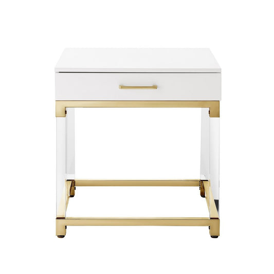 24" White and Gold Wood Acrylic and Stainless Steel Square End Table With Drawer