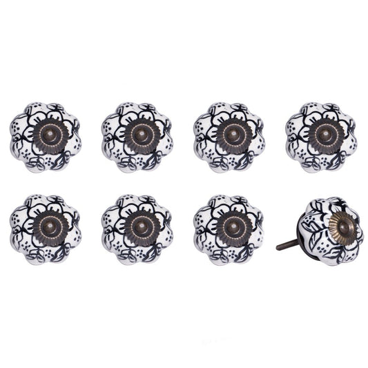 Set of Eight Black And White Ceramic And Metal Drawer Pull Knobs