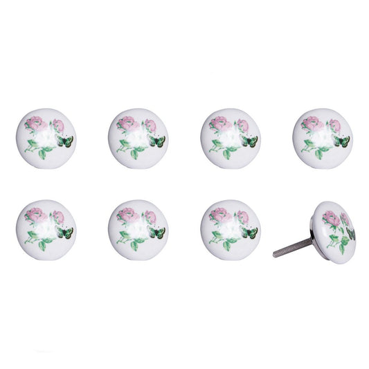 Set of Eight Light Pink And White Ceramic And Metal Floral Drawer Pull Knobs