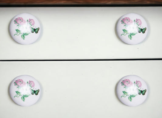 Set of Eight Light Pink And White Ceramic And Metal Floral Drawer Pull Knobs
