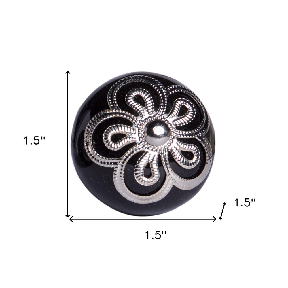 Set of Eight Black And Silver Ceramic And Metal Drawer Pull Knobs