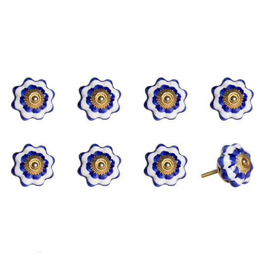 Set of Eight Blue And White Ceramic And Metal Drawer Pull Knobs