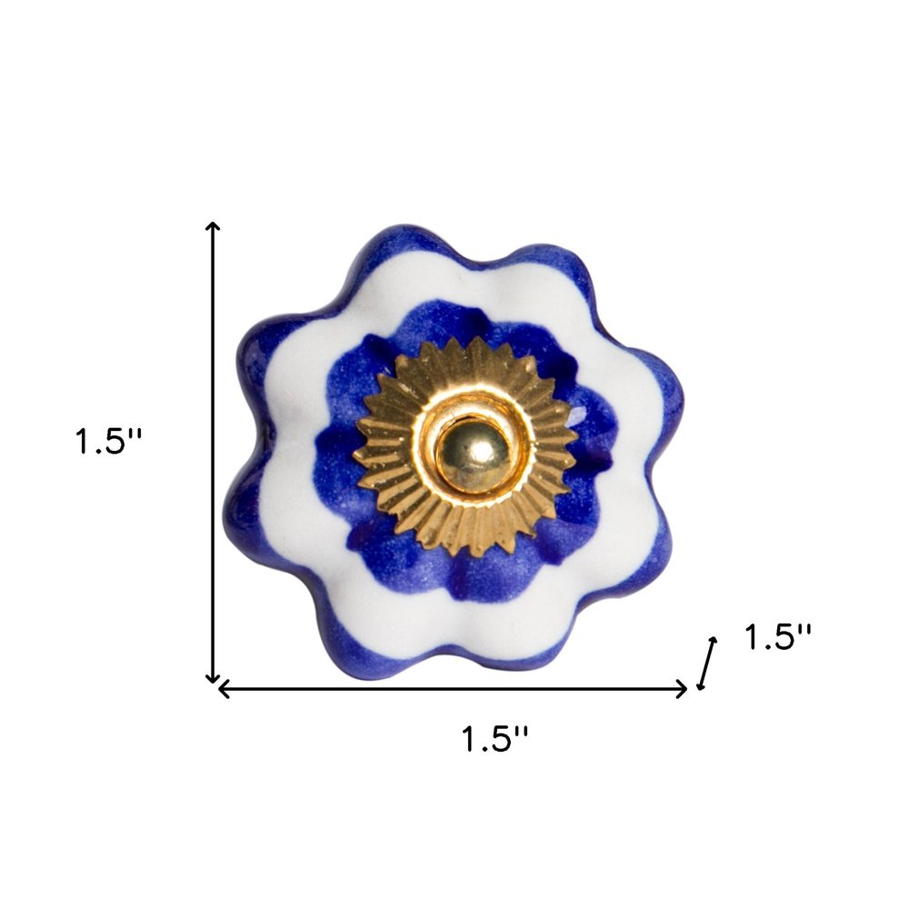 Set of Eight Blue And White Ceramic And Metal Drawer Pull Knobs