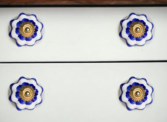 Set of Eight Blue And White Ceramic And Metal Drawer Pull Knobs