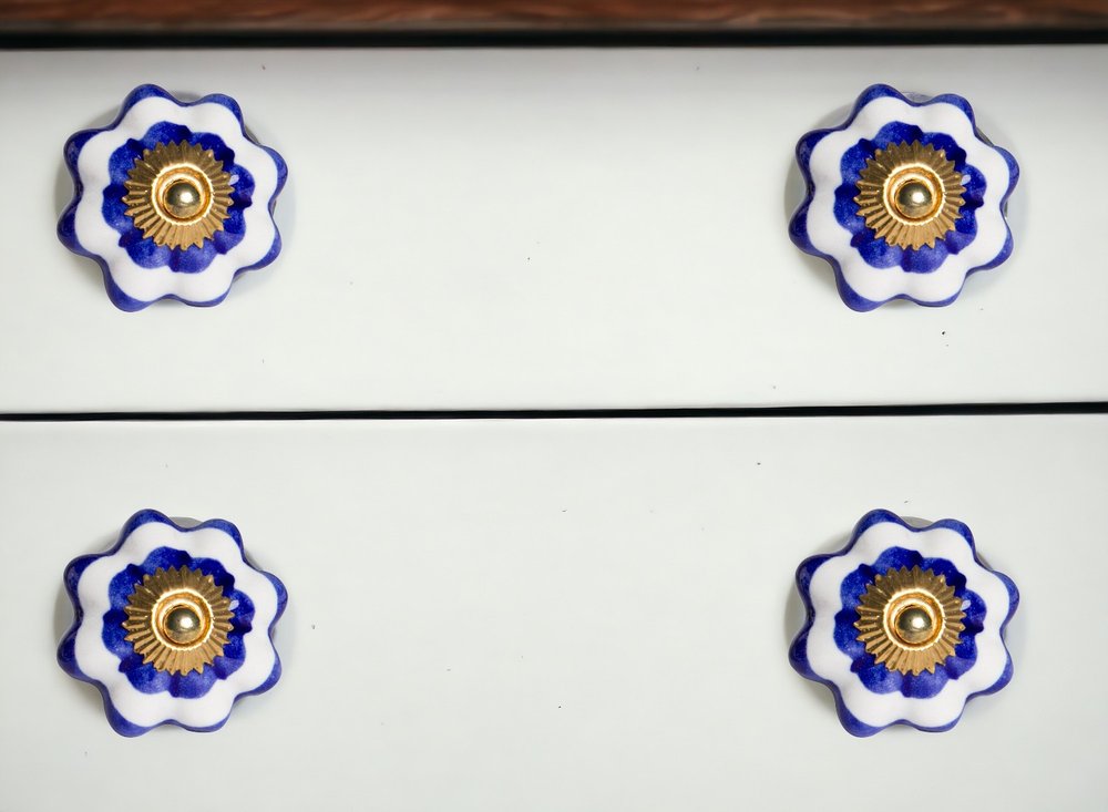 Set of Eight Blue And White Ceramic And Metal Drawer Pull Knobs