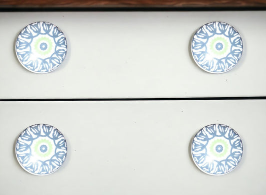 Set of Eight Light Blue And White Ceramic And Metal Drawer Pull Knobs