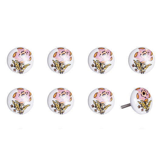 Set of Eight Yellow And White Ceramic And Metal Drawer Pull Knobs